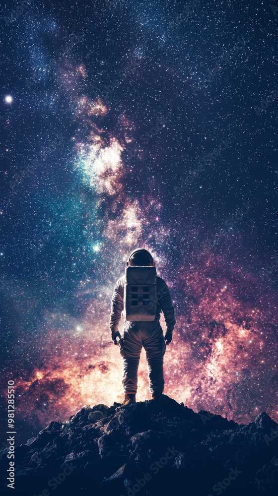 A man in a spacesuit stands on a rocky surface in front of a starry sky. Concept of adventure and exploration, as the astronaut is ready to embark on a journey into the unknown A man in a spacesuit stands on a rocky surface in front of a starry sky. Concept of adventure and exploration, as the astronaut is ready to embark on a journey into the unknown
