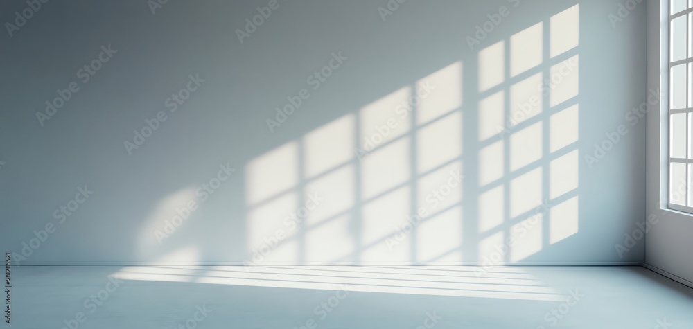 Obraz premium A minimalistic indoor space featuring soft natural light casting shadows on a blank wall, creating a serene atmosphere.