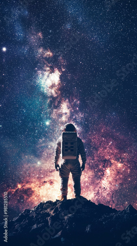 A man in a spacesuit stands on a rocky surface in front of a starry sky. Concept of adventure and exploration, as the astronaut is ready to embark on a journey into the unknown