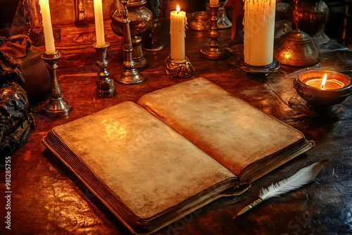 Medieval style book with blank pages, surrounded by magical equipment like candles and quills, set on an old wooden table in the dim light of candlelight. Halloween witch decor. 