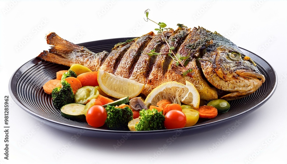 Grilled fish with vegetables and appetizers white backgraund Grilled fish with vegetables and appetizers white backgraund