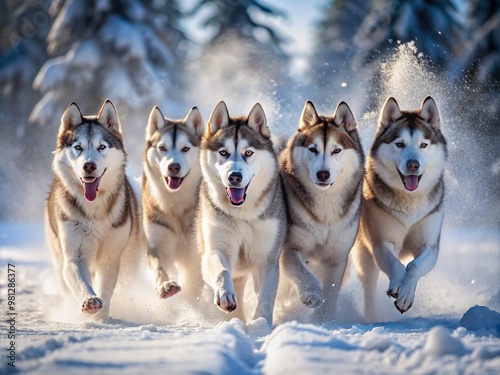 Majestic Siberian husky pack runs freely in unison, their gray and white coats glistening, against a serene and snow-covered winter landscape backdrop.