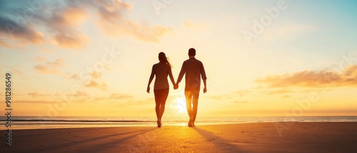 Romantic Beach Sunset: A Couple's Timeless Connection as They Stroll Hand-in-Hand Along the Shore, Bathed in the Golden Hues of the Setting Sun photo