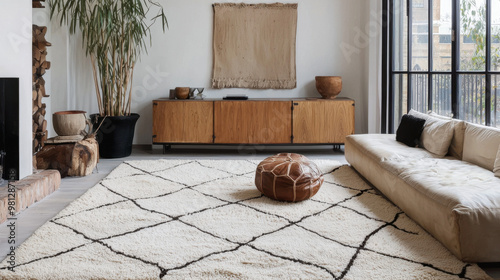 A full-room view showcases a beautifully styled Beni Ourain rug, characterized by its classic black and white geometric patterns, adding an elegant and cozy touch to the magazine-quality setting