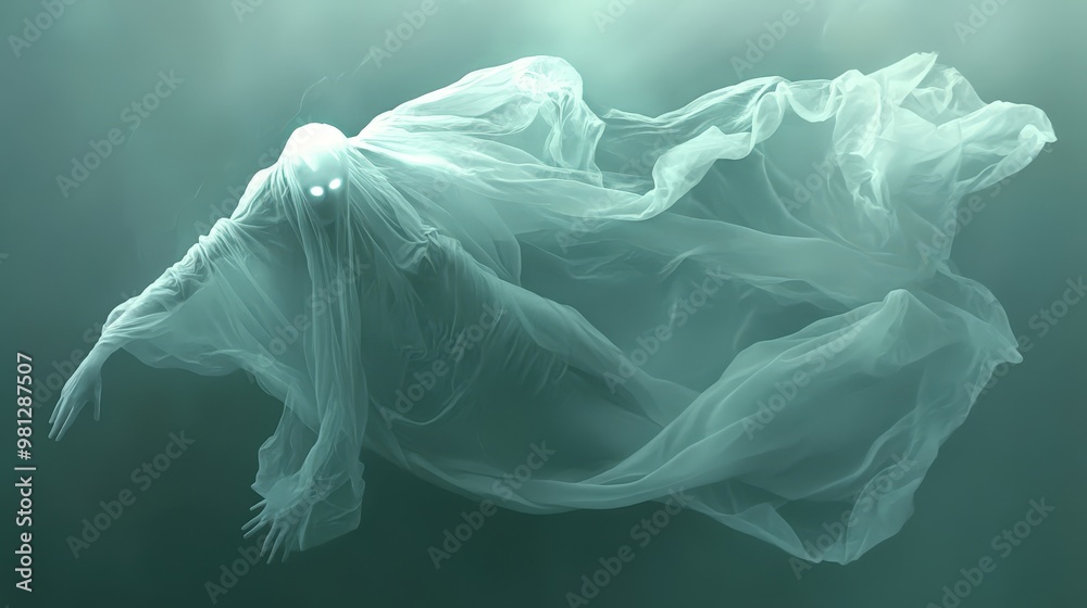 Halloween A ghostly figure is floating in the water, with a white sheet covering its body Halloween A ghostly figure is floating in the water, with a white sheet covering its body