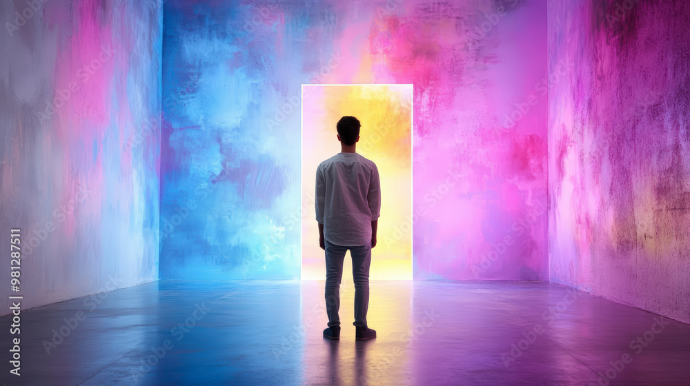 Obraz premium A person stands in a vivid, colorful room, facing a bright doorway. The walls are painted in vibrant shades of blue, purple, and pink.