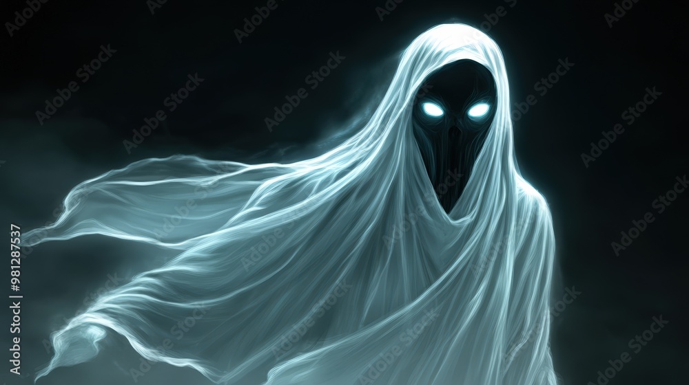 Halloween A ghostly figure with glowing eyes stands in front of a dark background