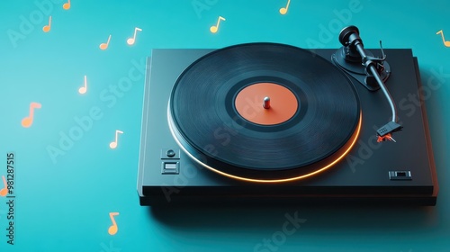 A vinyl record spinning on a turntable, with floating notes glowing around it photo