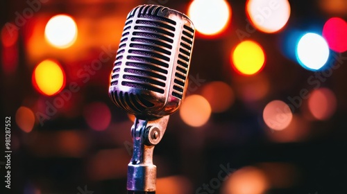 A vintage microphone standing alone on an empty jazz stage, surrounded by colorful spotlights