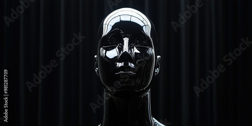 Glossy black mannequin head against a dark background with smooth reflections and high contrast, featuring sleek and polished surfaces for artistic or abstract projects.