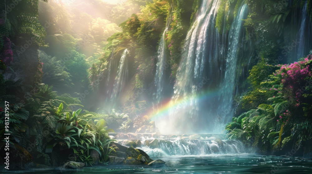 Tropical Waterfall with Rainbow Tropical Waterfall with Rainbow