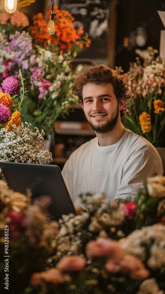Smiling florist surrounded by vibrant blooms in cozy shop, working on tablet amid colorful flower arrangements and warm lighting atmosphere. Smiling florist surrounded by vibrant blooms in cozy shop, working on tablet amid colorful flower arrangements and warm lighting atmosphere.