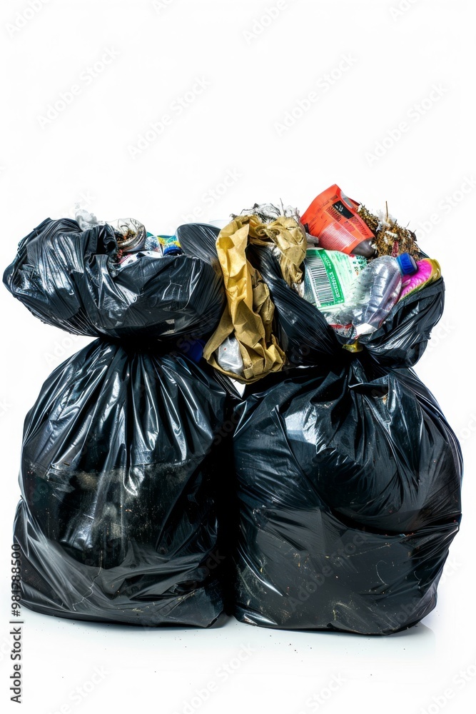 Trash bags set, full plastic garbage containers, polyethylene rubbish bag set, rubbish sack isolated, waste