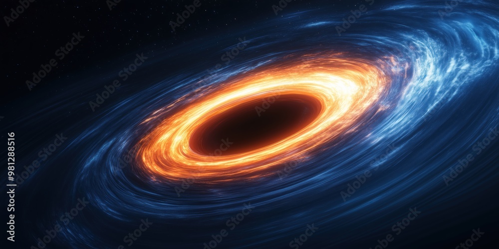 3D render of a black hole in the universe surrounded by glowing blue and silver rings in a dynamic, spinning formation with sparkling cosmic particles. 3D render of a black hole in the universe surrounded by glowing blue and silver rings in a dynamic, spinning formation with sparkling cosmic particles.