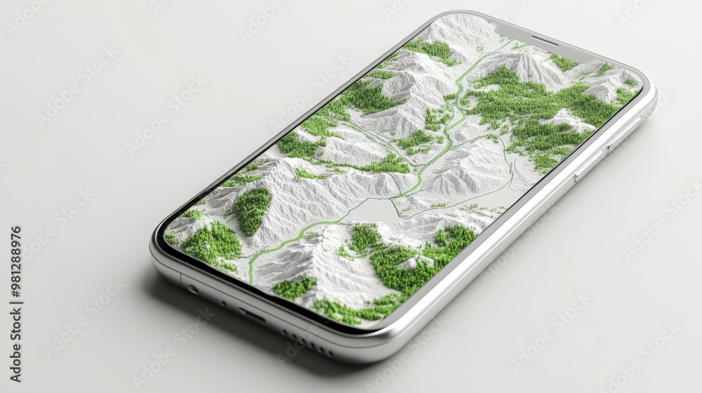 Smartphone displaying a detailed 3D topographic map with mountains and forests, showcasing advanced mapping technology in a sleek, modern design. Smartphone displaying a detailed 3D topographic map with mountains and forests, showcasing advanced mapping technology in a sleek, modern design.