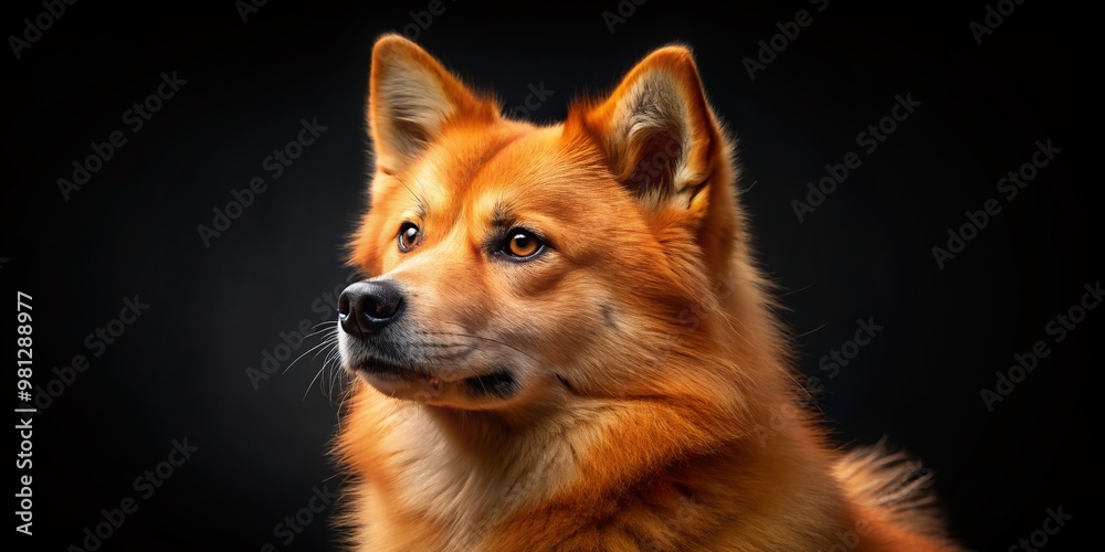 Adorable Finnish Spitz dog with fox-like features, bright orange coat, and alert expression sits proudly in a close-up profile portrait on a black background. Adorable Finnish Spitz dog with fox-like features, bright orange coat, and alert expression sits proudly in a close-up profile portrait on a black background.