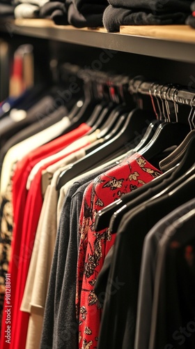 Rows of neatly hung clothing on hangers in a closet, featuring a vibrant red patterned garment among neutral tones, showcasing organized wardrobe storage. photo