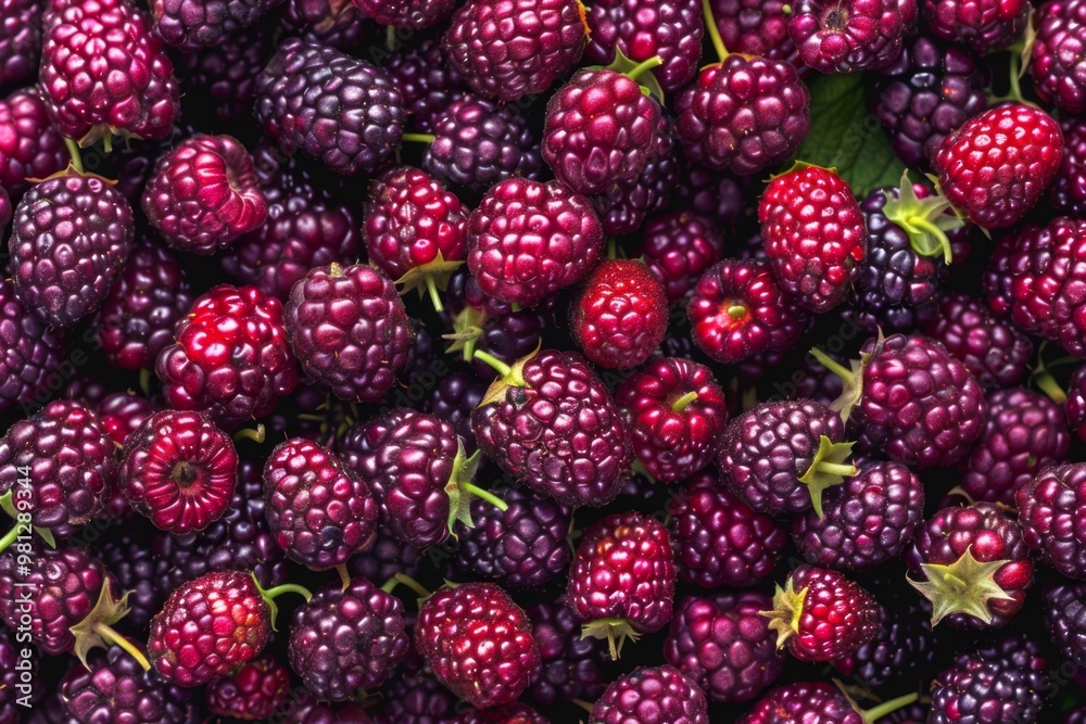 Loganberry texture background, Rubus loganobaccus fruits pattern, many logan berry mockup
