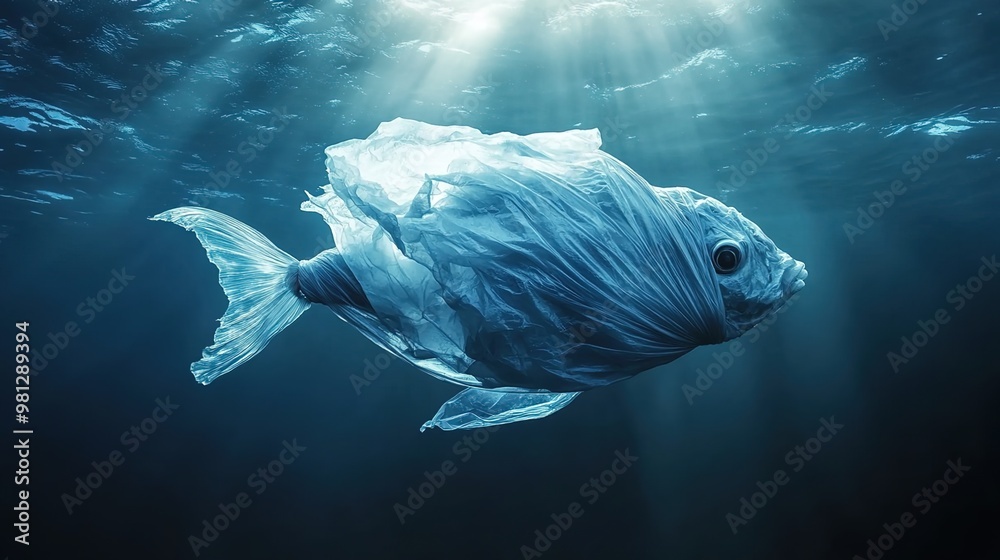 Fototapeta premium A fish made of a plastic bag, swimming in the ocean