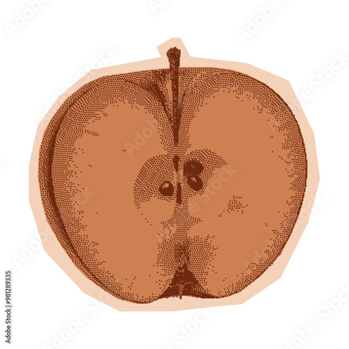 Halftone apple. Monochrome element for collage cutout scrapbook design, t-shirt prints, invitations, menus. Vintage illustration with dotted photocopy texture.