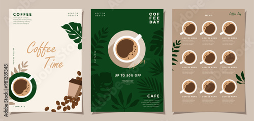 Set of banners design with coffee beans and leaves on minimal background for promotions, cards, banner, poster, cover, cafe menu or another template. Vector illustration.