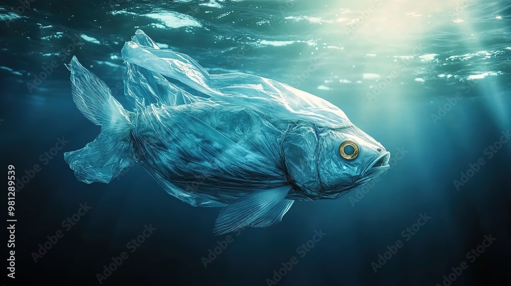 A fish made of a plastic bag, swimming in the ocean A fish made of a plastic bag, swimming in the ocean