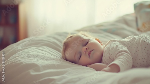 Peaceful slumber envelops a cherubic toddler nestled in soft, rumpled bedding. Golden light bathes the scene, highlighting angelic features in serene repose.