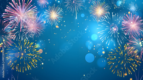 Fireworks colorful explosions on blue; festive background with copy space.