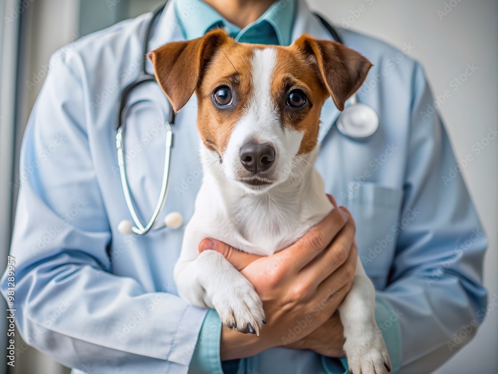 A jack russell terrier dog is being held by a vet. Generative AI. A jack russell terrier dog is being held by a vet. Generative AI.