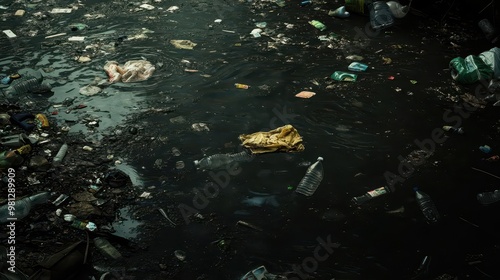 A murky water body filled with garbage, plastic bottles and bags floating in the dark water