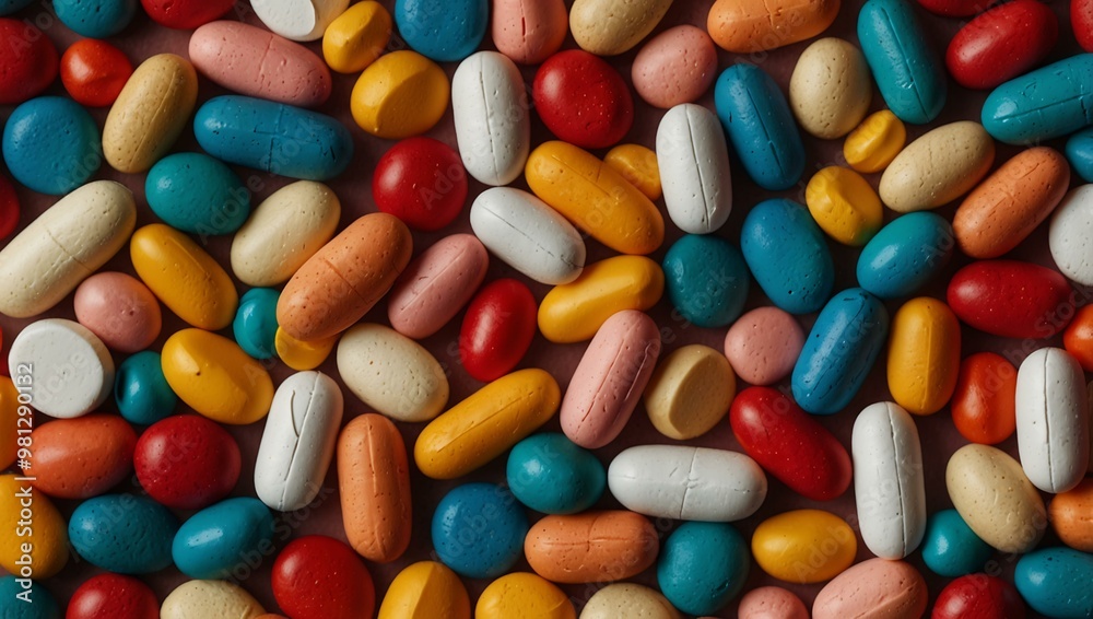 Colorful pills and vitamins in various shapes and sizes arranged in a neat pattern, symbolizing medical diversity. Colorful pills and vitamins in various shapes and sizes arranged in a neat pattern, symbolizing medical diversity.