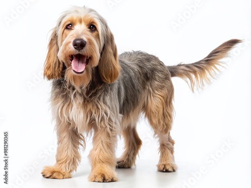 Adorable otterhound with floppy ears and joyful eyes wagging its tail with enthusiasm, showcasing its playful personality, isolated on a pure white background. photo