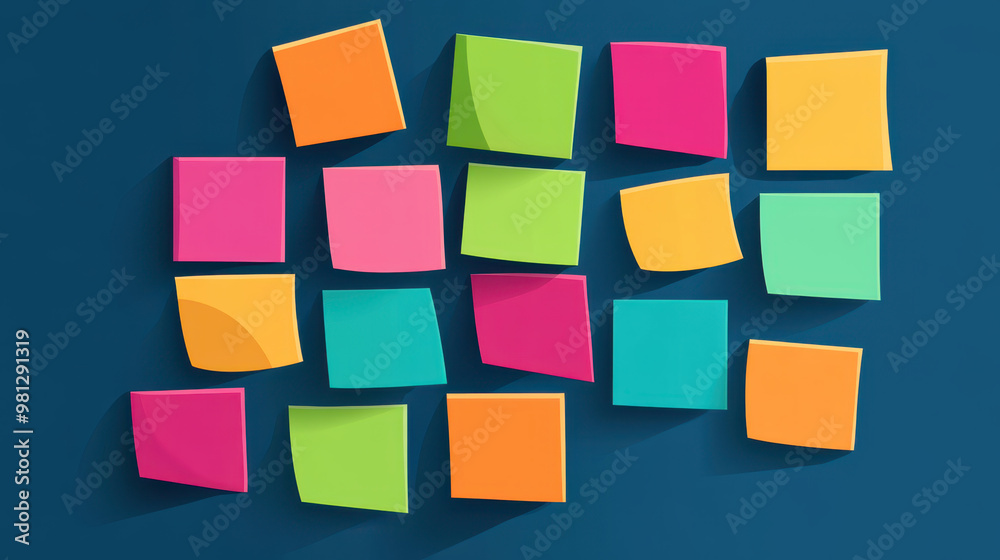 Colorful sticky notes arranged on blue background create vibrant and organized display, perfect for brainstorming and idea organization Colorful sticky notes arranged on blue background create vibrant and organized display, perfect for brainstorming and idea organization