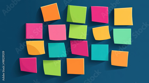 Colorful sticky notes arranged on blue background create vibrant and organized display, perfect for brainstorming and idea organization