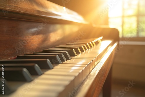 Elegant Close-Up of Upright Piano with Sun Rays and Warm Tones AI generated illustration