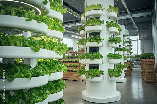 Rows of fresh green lettuce growing in an indoor vertical farm. Aeroponics system, hydroponic farming photo