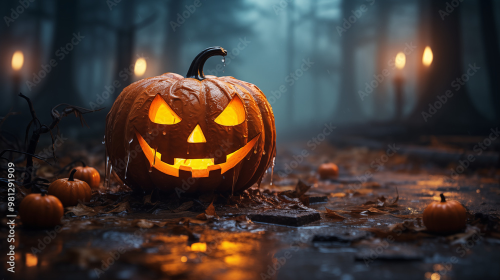 Jack-o'-lantern glowing in the rain with a spooky ambiance for Halloween celebration Jack-o'-lantern glowing in the rain with a spooky ambiance for Halloween celebration
