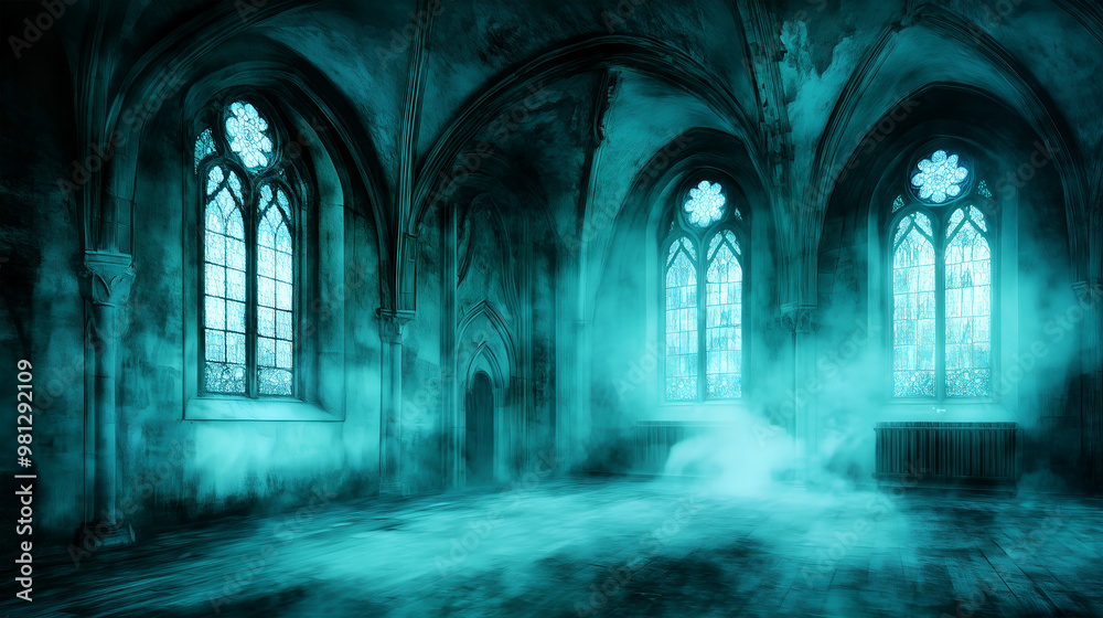Fototapeta premium Mysterious interior of an old church with ethereal lighting and shadowy atmosphere