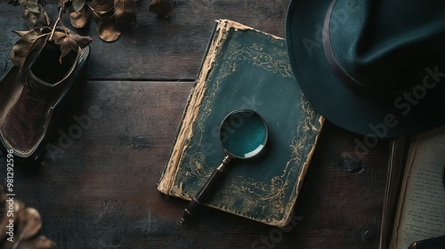 Elegant Detective-Themed Flat Lay with Old Book, Magnifying Glass, and Hat AI generated illustration photo