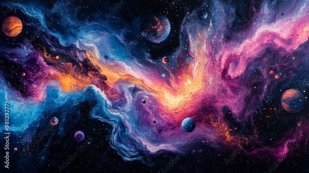 Cosmic Landscape with Swirling Nebulae and Planets Cosmic Landscape with Swirling Nebulae and Planets