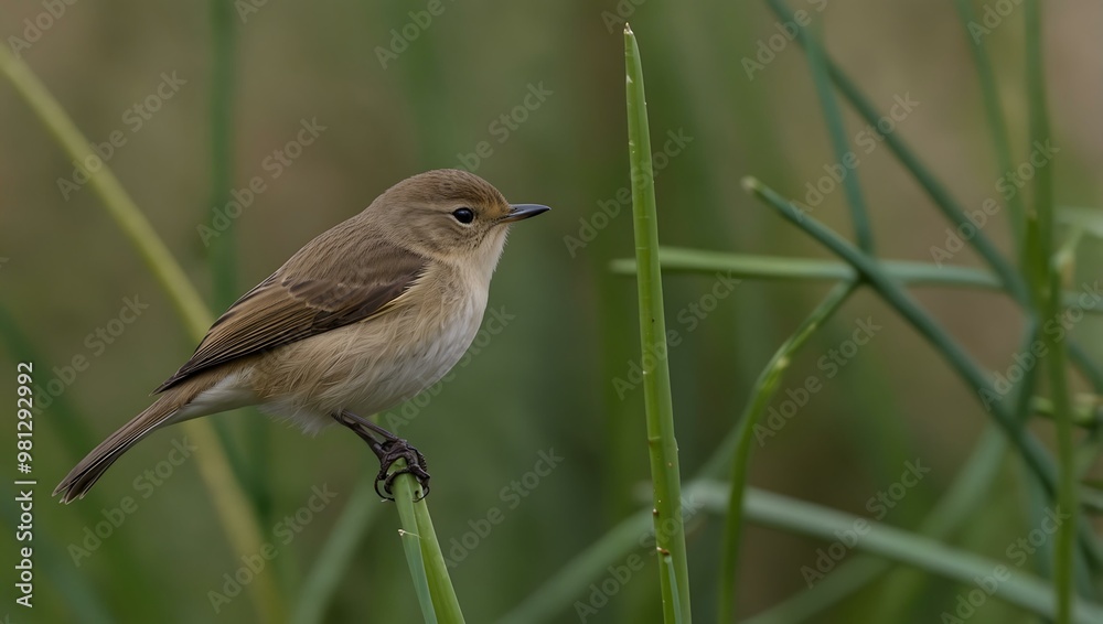 Common Chiffchaff on green reed at Buri. Common Chiffchaff on green reed at Buri.