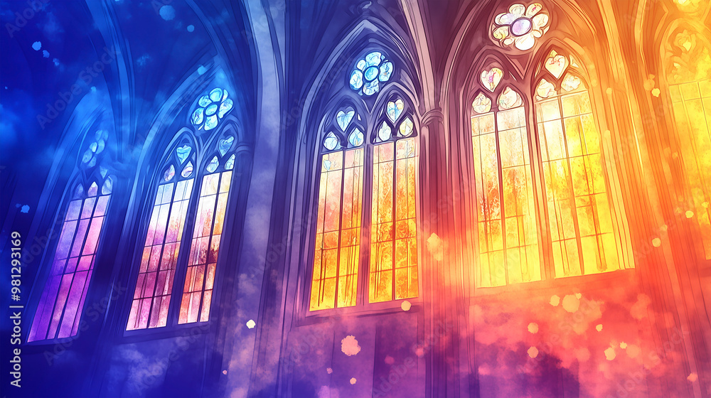 Stained glass windows in a historic church illuminated by colorful light during twilight Stained glass windows in a historic church illuminated by colorful light during twilight