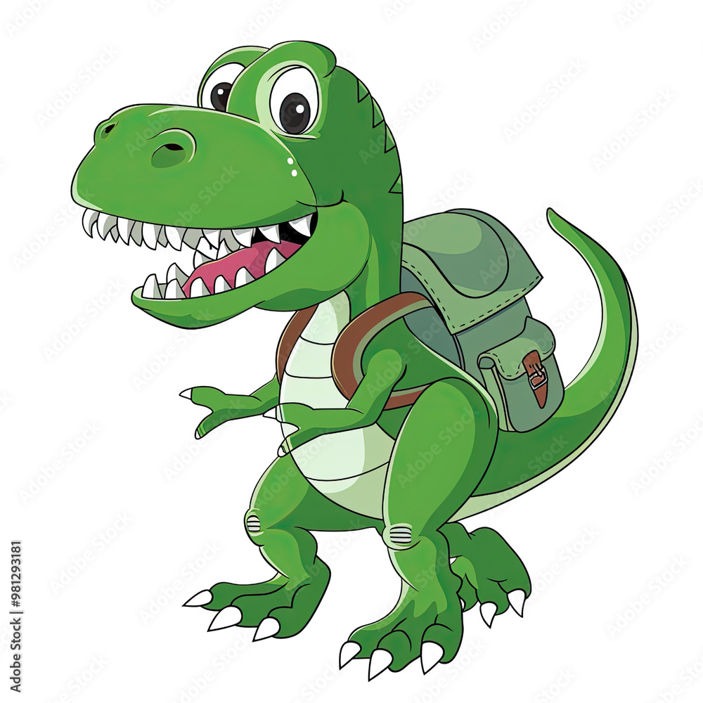 Fototapeta premium A cartoon dinosaur is carrying a backpack
