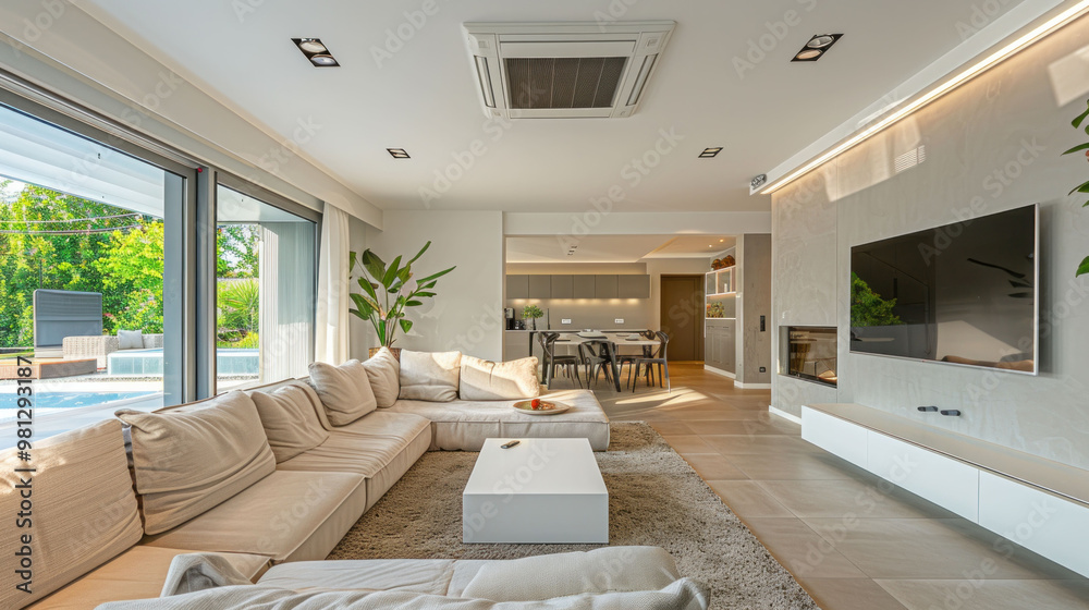 Fototapeta premium A modern living room featuring spacious sectional sofa, large windows, and minimalist design. bright space is enhanced by natural light and greenery, creating welcoming atmosphere