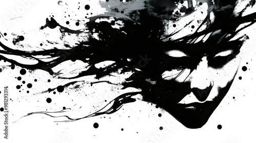 Abstract Black and White Face with Splashes of Ink