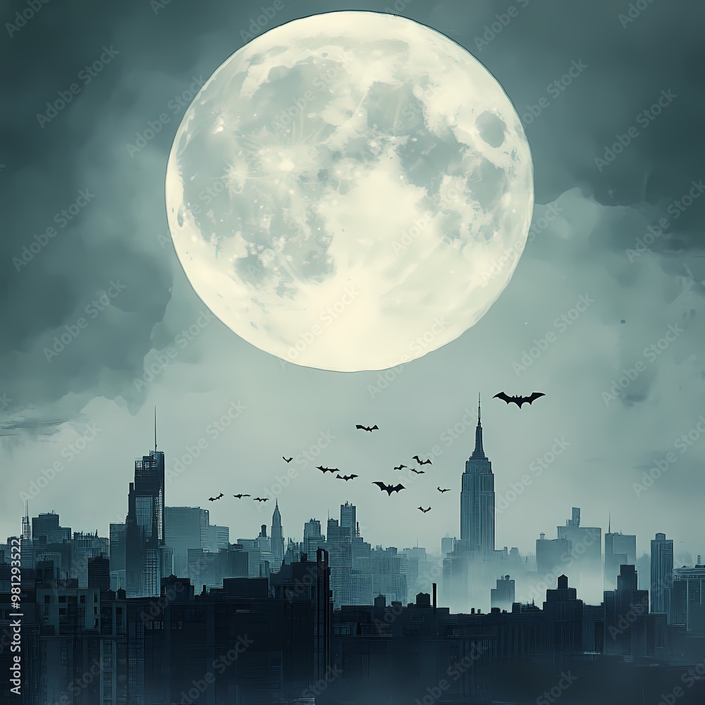 Fototapeta premium Moonlit Cityscape: Urban Skyline with Full Moon Rising, Bats Flying Across Night Sky