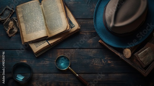 Elegant Detective-Themed Flat Lay with Old Book, Magnifying Glass, and Hat AI generated illustration