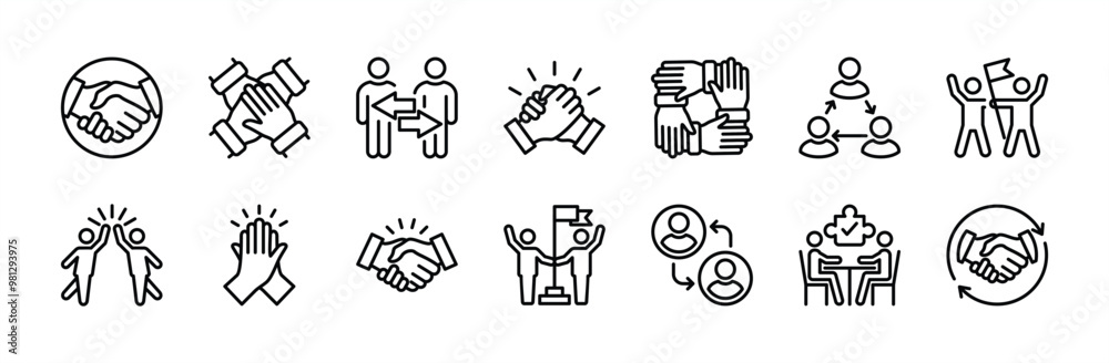 Cooperation thin line icon vector set. Containing teamwork, team working together, handshake, agreement, collaboration, achievement, support, success business, share, deal, meeting, goal, partnership