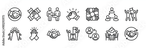 Cooperation thin line icon vector set. Containing teamwork, team working together, handshake, agreement, collaboration, achievement, support, success business, share, deal, meeting, goal, partnership