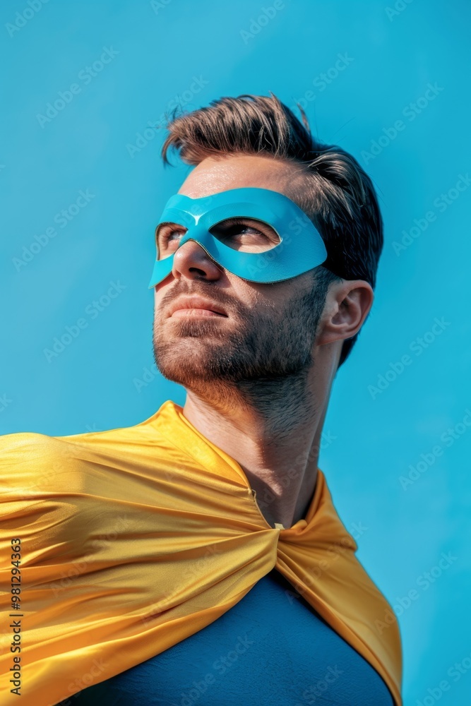 Superhero man wearing super hero cape and mask, brave manager, leadership, success concept Superhero man wearing super hero cape and mask, brave manager, leadership, success concept
